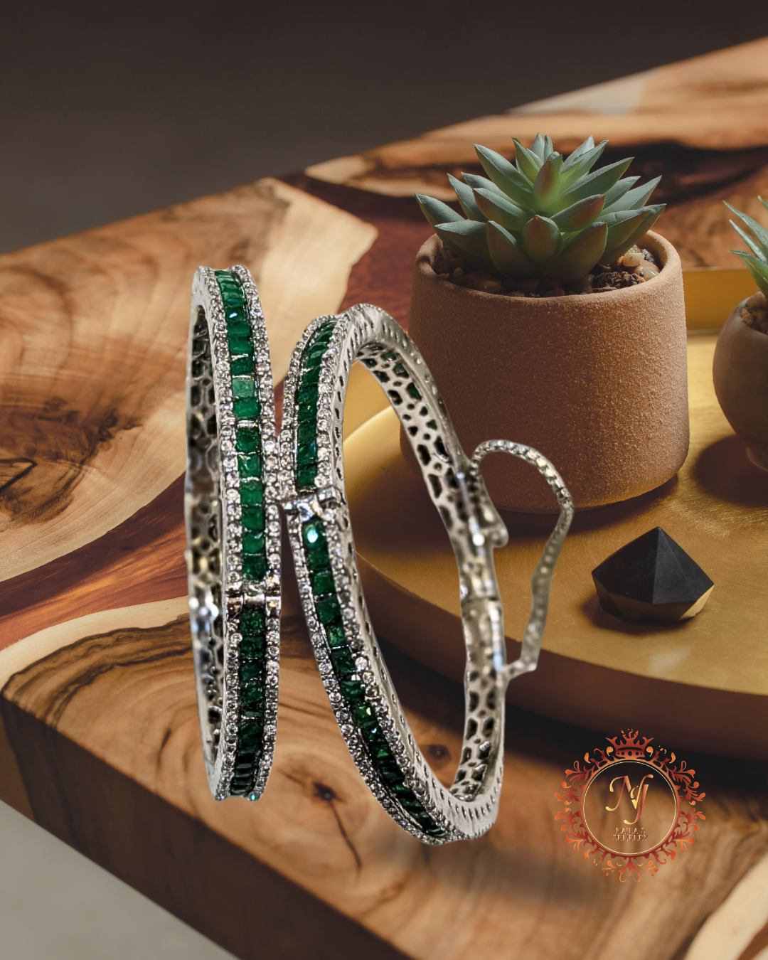 Silver Bangles with Synthetic Emeralds